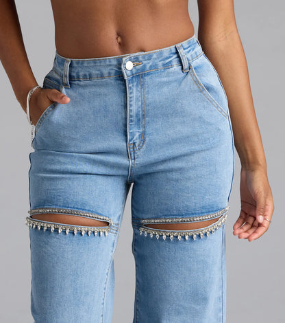 So Obsessed Rhinestone Cutout Straight Leg Denim Jeans