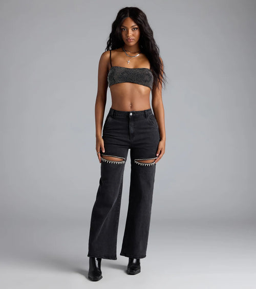 So Obsessed Rhinestone Cutout Straight Leg Denim Jeans