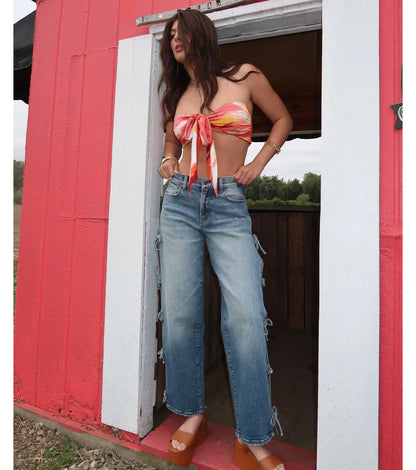 Tied Up in Denim Bow Mid-Rise Denim Jeans