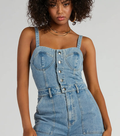 Trendy Perfection Button Up Wide Leg Denim Jumpsuit