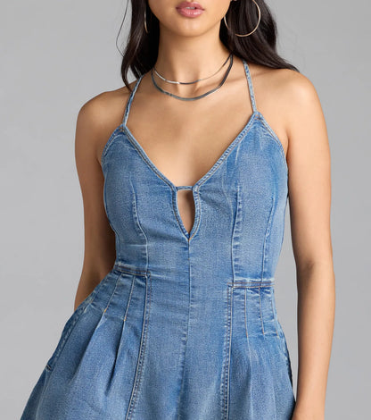Little Miss Charming Strappy Back Denim Romper