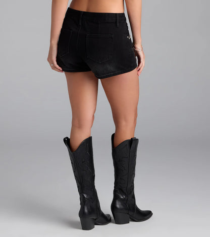 Edgy Girlie Mid-Rise Studded Denim Skort