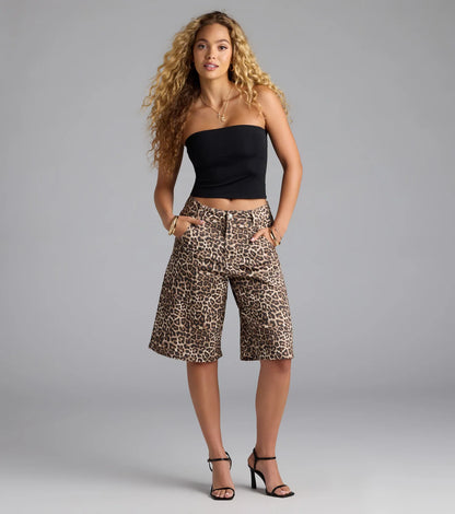 Running Wild Leopard Mid Rise Bermuda Denim Shorts