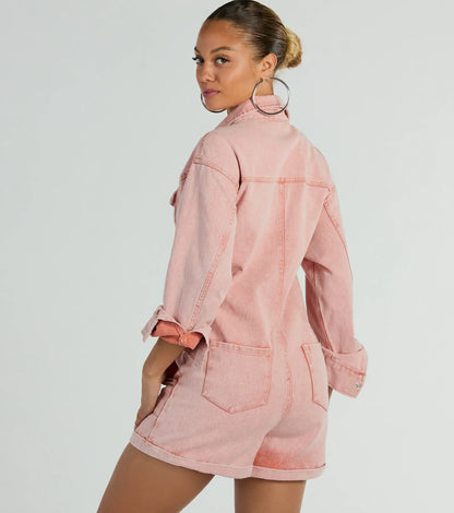 Road Trippin' Long Sleeve Cuffed Acid Denim Romper