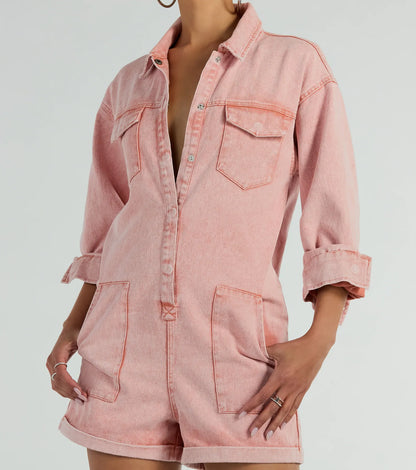 Road Trippin' Long Sleeve Cuffed Acid Denim Romper