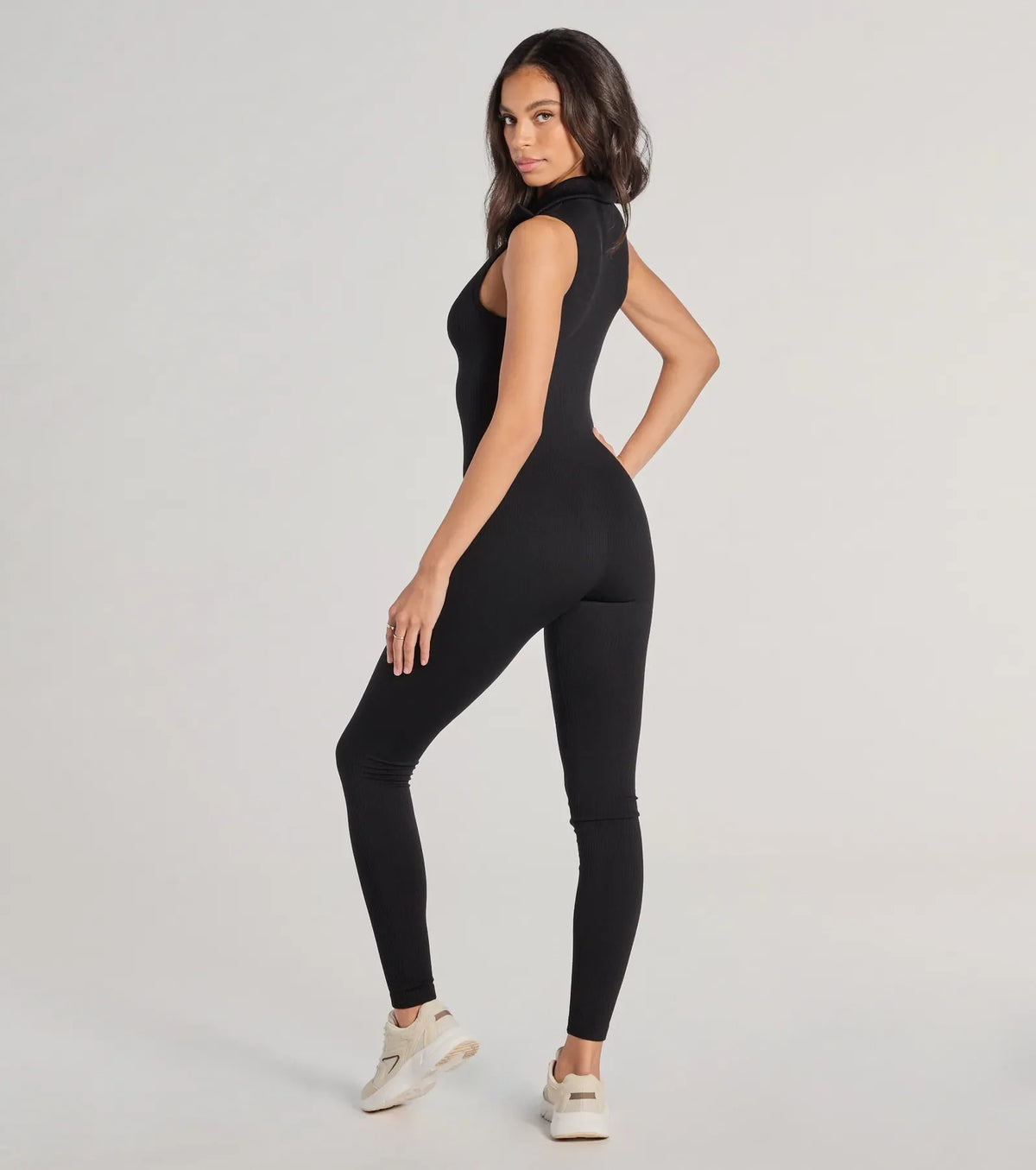Off Duty Chic Sleeveless Collared Zip-Up Catsuit