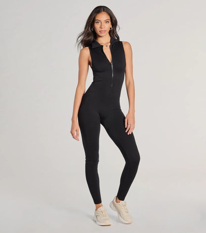 Off Duty Chic Sleeveless Collared Zip-Up Catsuit