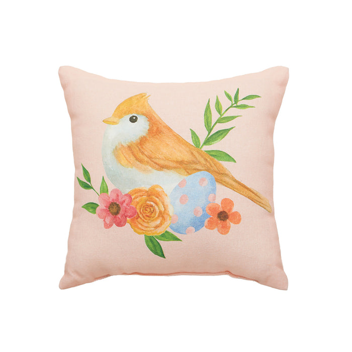 A 10in. x 10in. Pink Floral Bird Mini Pillow.