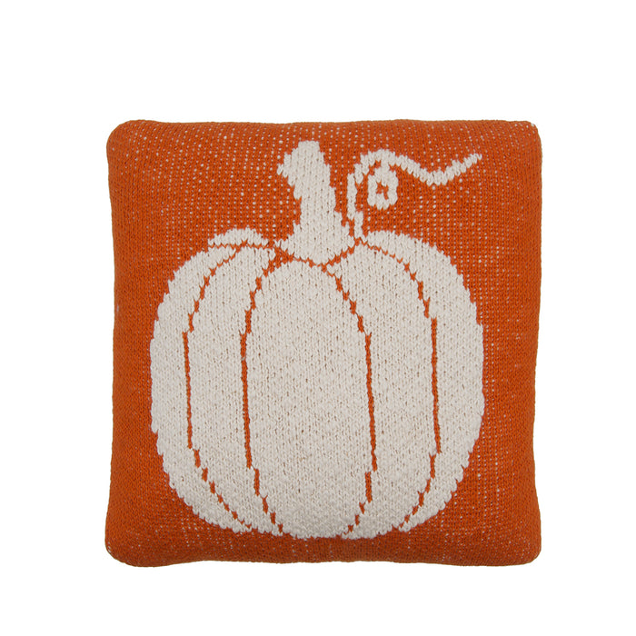 A 10in. x 10in. Pumpkin Mini Pillow.