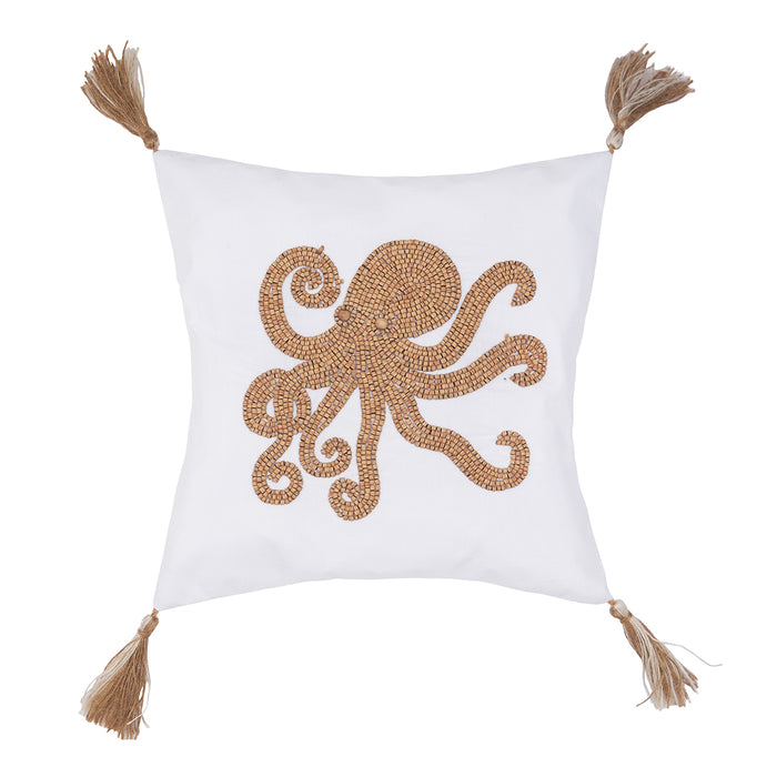A 12in. x 12in. Octopus Handmade Wood Beaded Pillow.