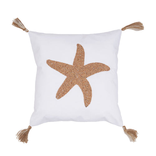 A 12in. x 12in. Sea Star Handmade Wood Beaded Pillow.