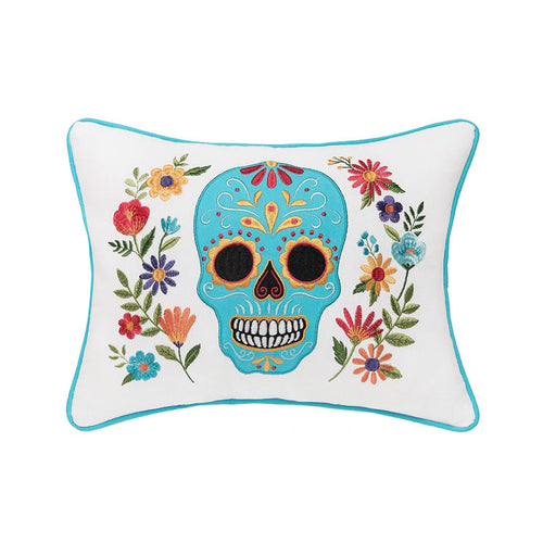 A 12in. x 16in. Aqua Sugar Skull Pillow.