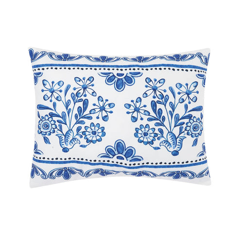A 14in. x 18in. Delft Garden 2 Indoor Outdoor Pillow.
