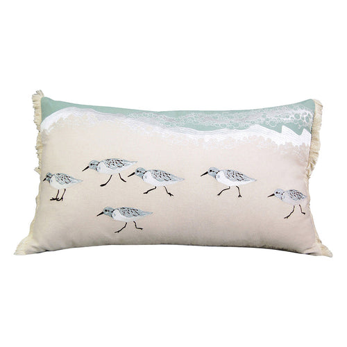 A 14in. x 24in. Sand Piper Sprint Fringed Lumbar Indoor Pillow.
