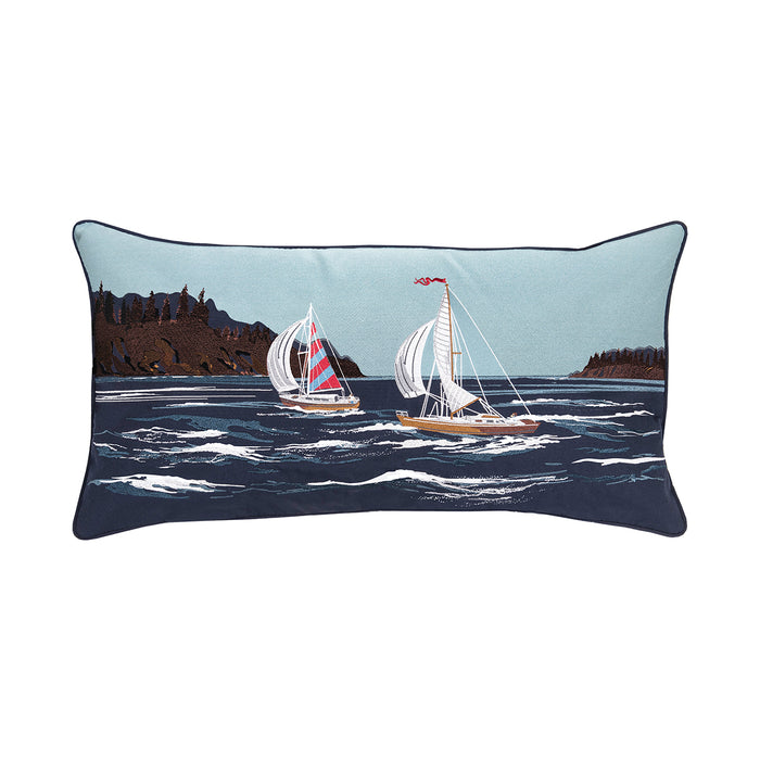 A 14in. x 26in. Safe Harbor Sailing Indoor Outdoor Lumbar Pillow.