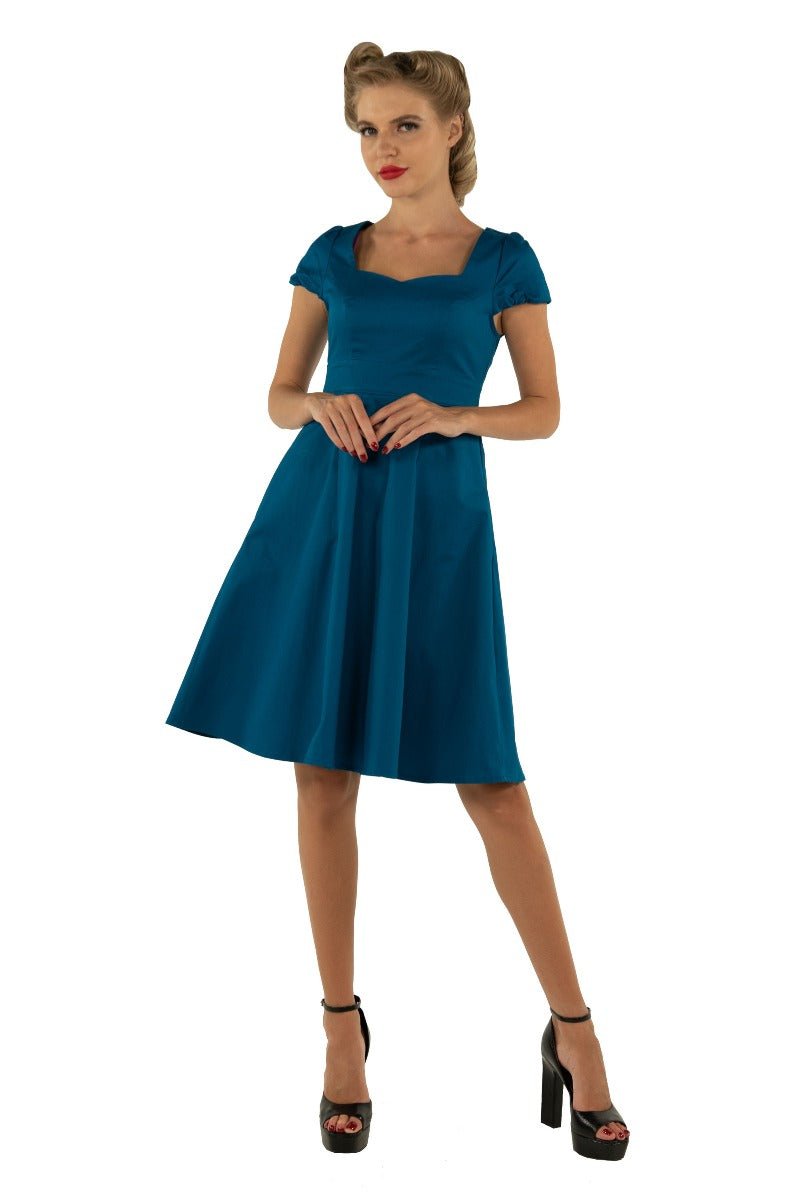 Claudia Flirty Fifties Style Dress in Peacock Blue