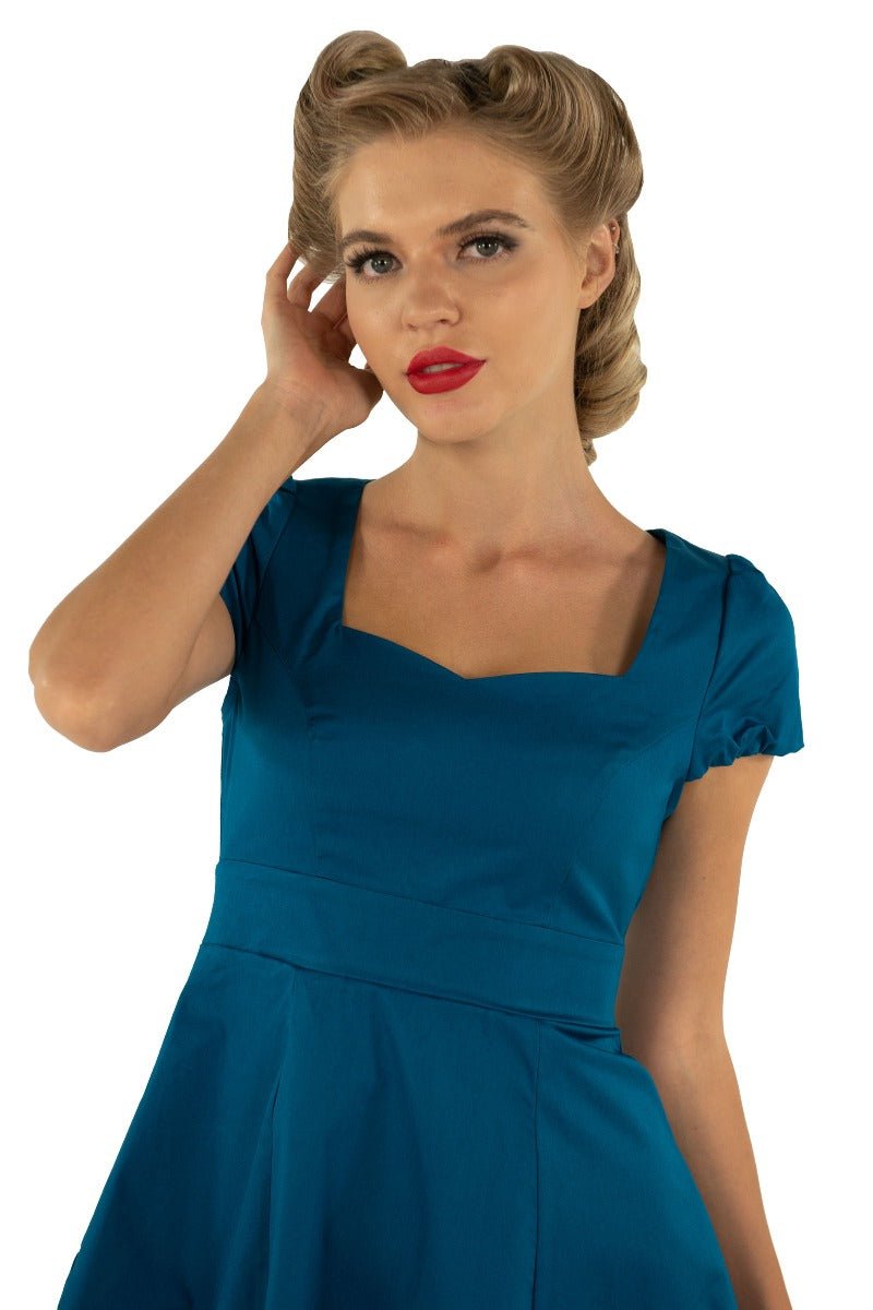 Claudia Flirty Fifties Style Dress in Peacock Blue
