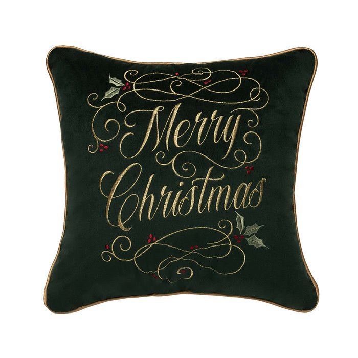 A 16in. x 16in. Merry Christmas Swirl Pillow.