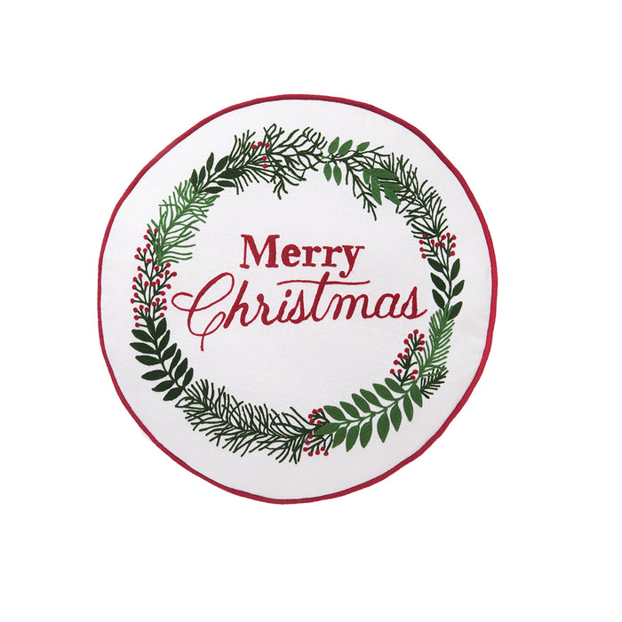 A 18in. Merry Christmas Berry Wreath Round Pillow.