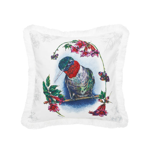 A 18in. x 18in. Botanical Hummingbird Pillow.