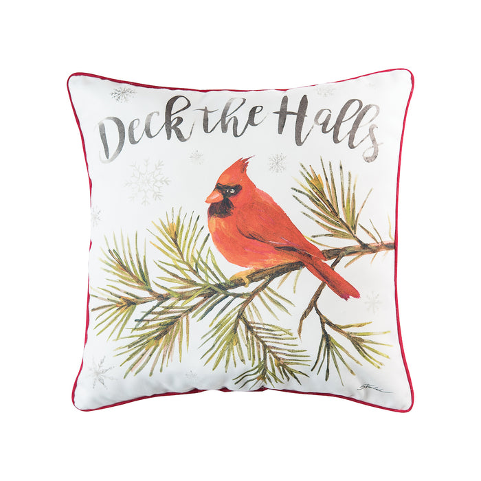 A 18in. x 18in. Deck The Halls Cardinal Pillow.
