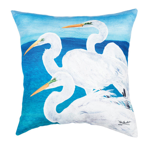 A 18in. x 18in. Egret Trio Indoor Outdoor Pillow.