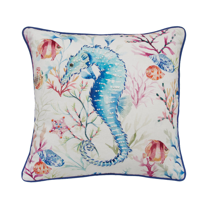 A 18in. x 18in. Nautical Seahorse Pillow.