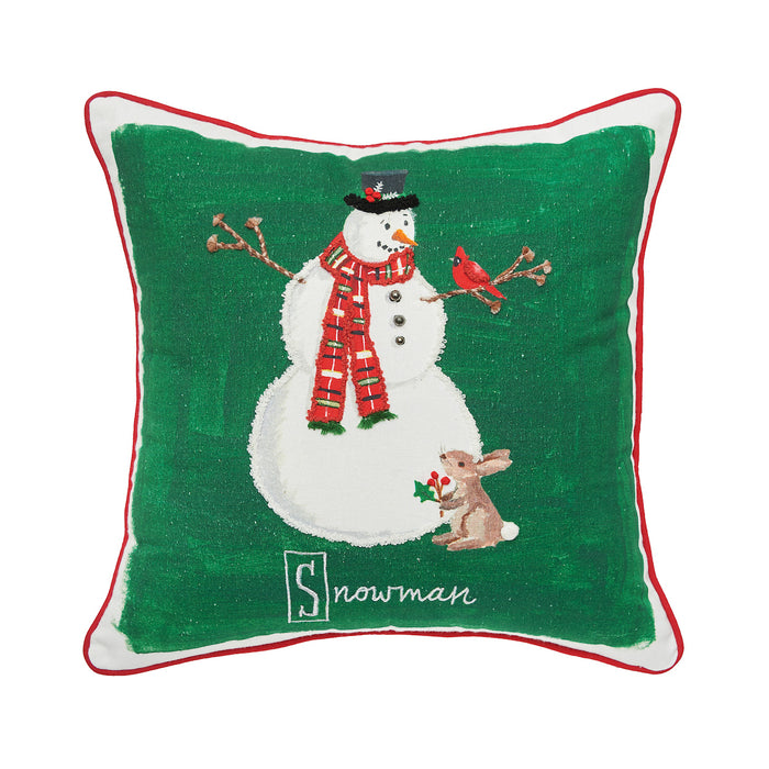 A 18in. x 18in. Snowman Alphabet Pillow.