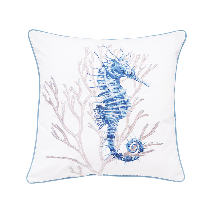 A 20in. x 20in. Blue Seahorse and Coral Indoor Outdoor Pillow.
