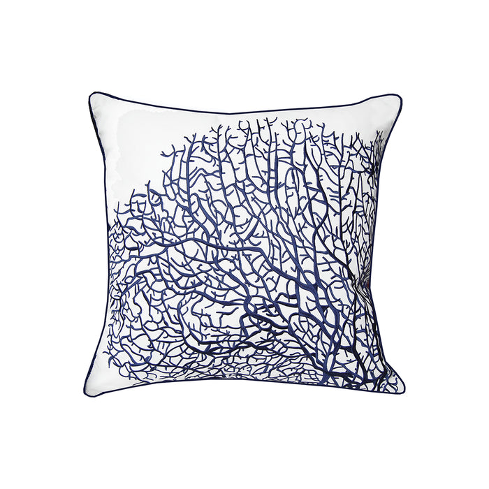 A 20in. x 20in. Fan Coral Navy and White Indoor Outdoor Pillow.
