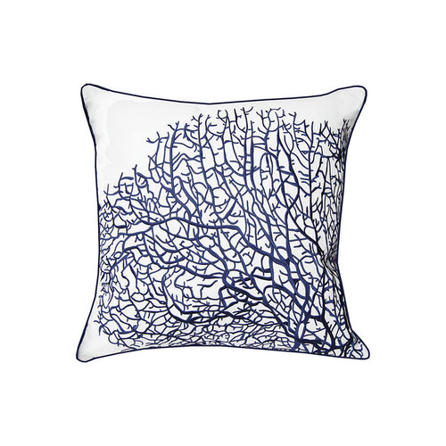 A 20in. x 20in. Fan Coral Navy and White Indoor Outdoor Pillow.
