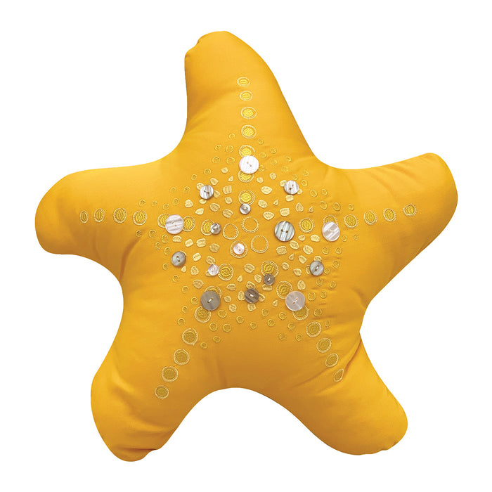 A 20in. x 20in. Sea Star Marigold Indoor Outdoor Shaped Pillow.
