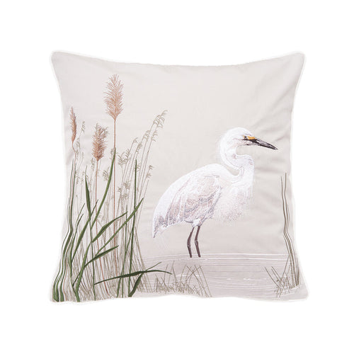 A 20in. x 20in. White Egret Grey Right Indoor Outdoor Pillow.