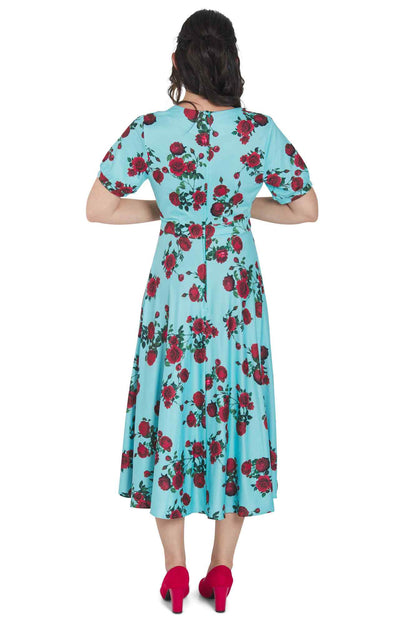 Julia 50s Style Red Rose Sleeved Dress in Blue