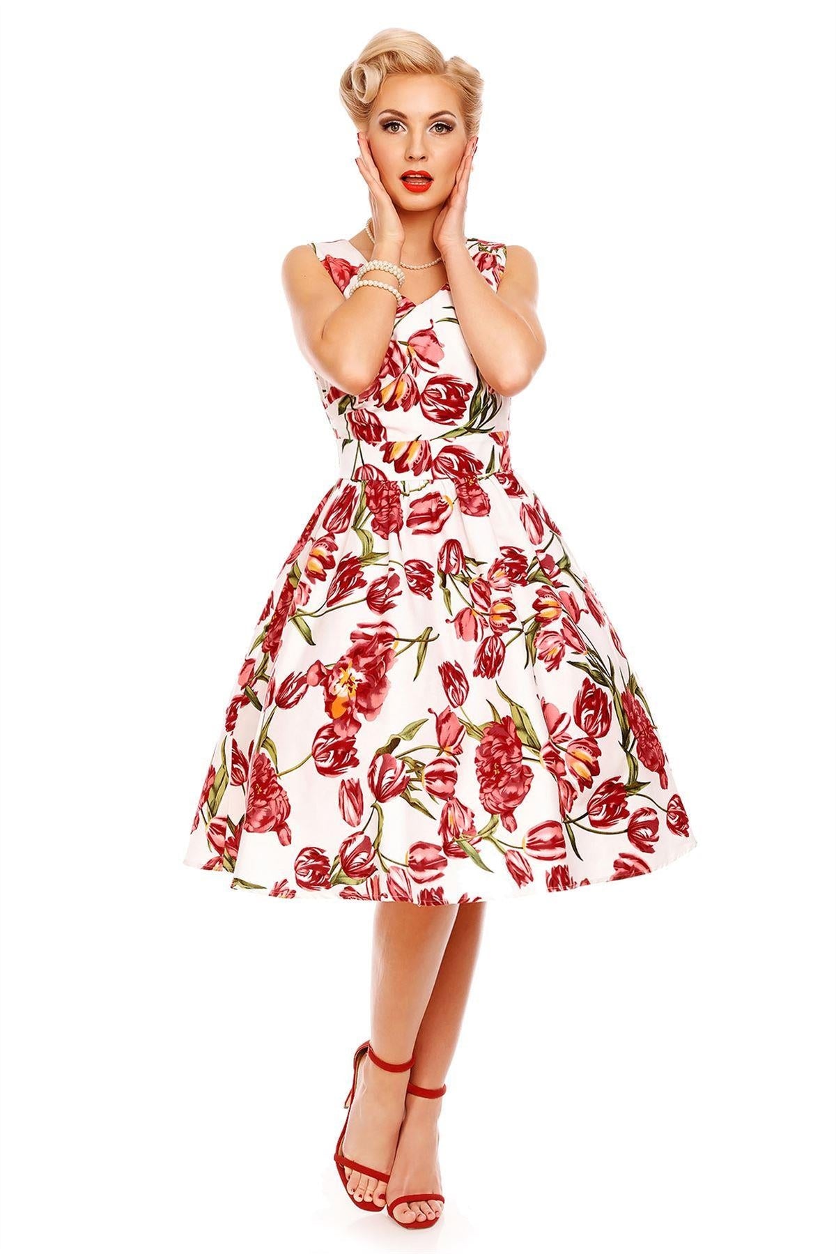 May V-neck 50s Style Floral Dress in White-Pink Tulip