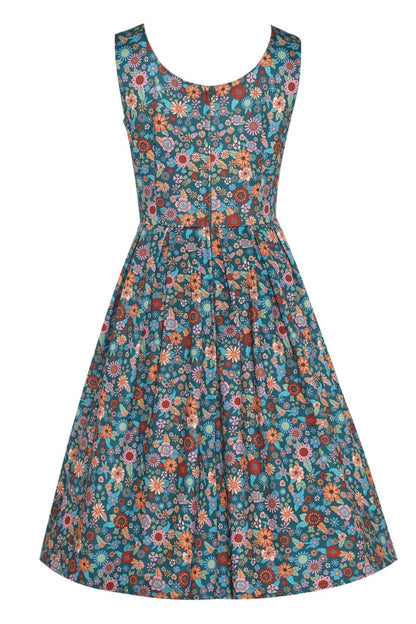 Amanda 70s Floral Swing Dress In Peacock Blue