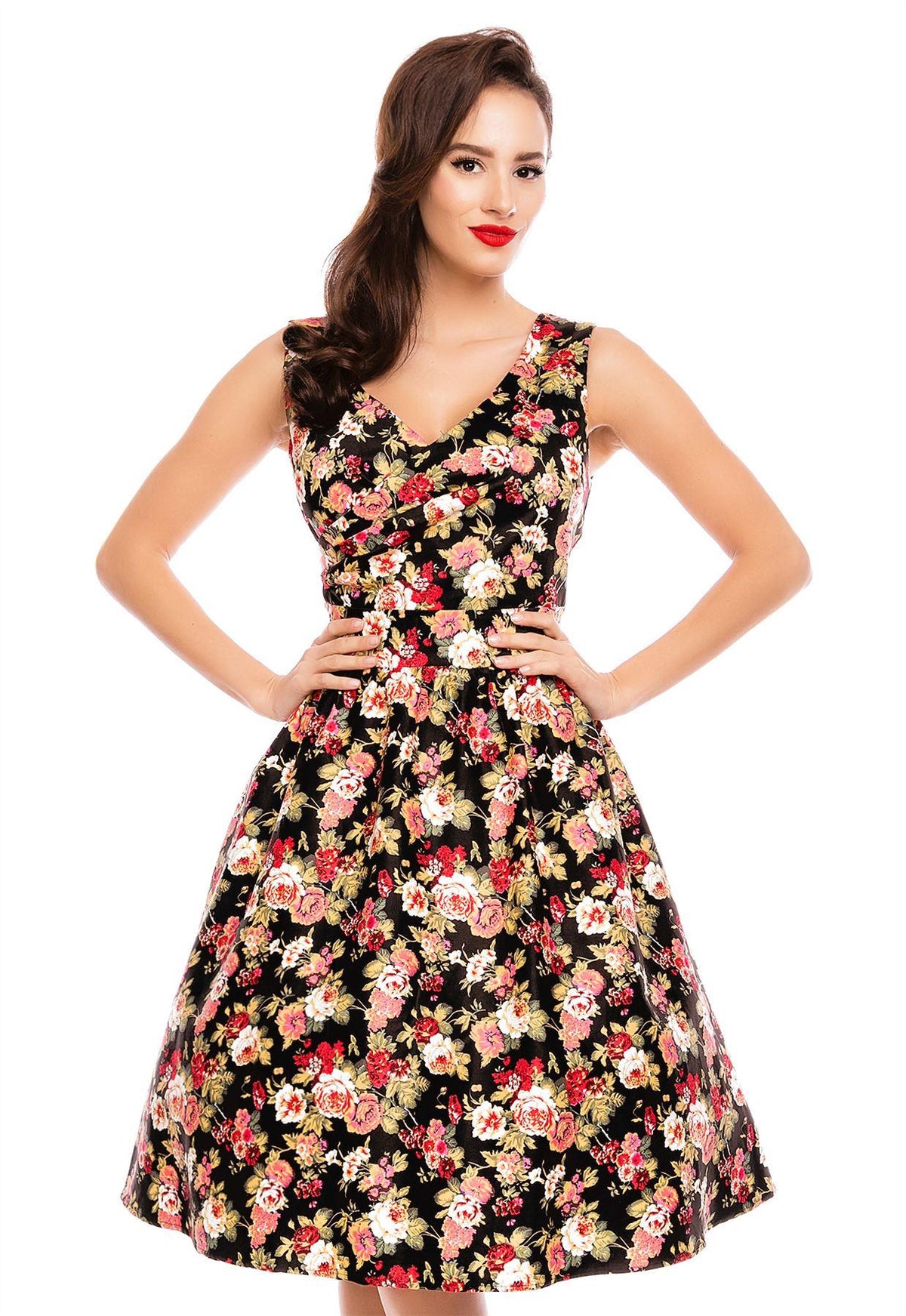 May V-neck 50s Style Floral Dress in Black-Pink