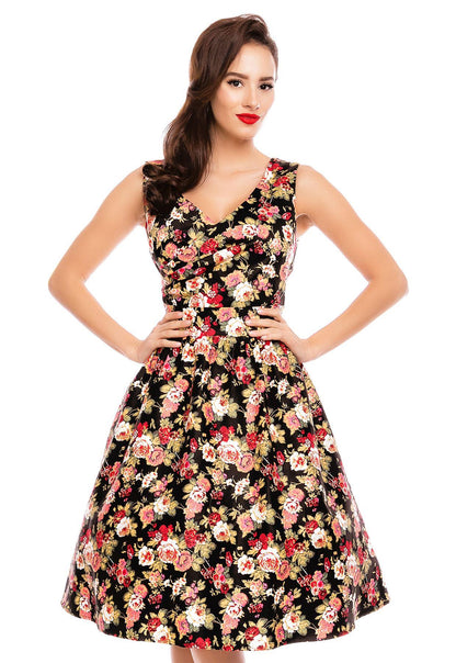 May V-neck 50s Style Floral Dress in Black-Pink