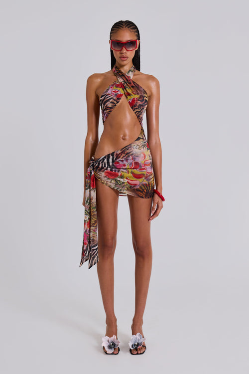 Gina Asymmetric Knotted Mini Dress in Fruiti