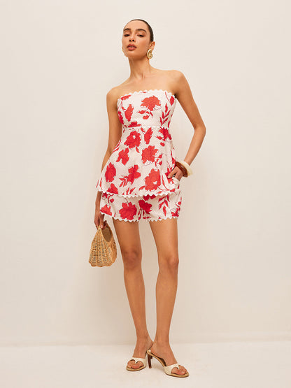 Floral Strapless Top With Pockets Shorts Set