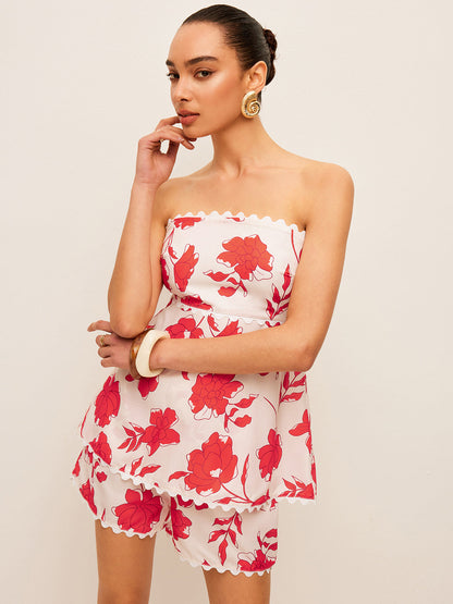 Floral Strapless Top With Pockets Shorts Set