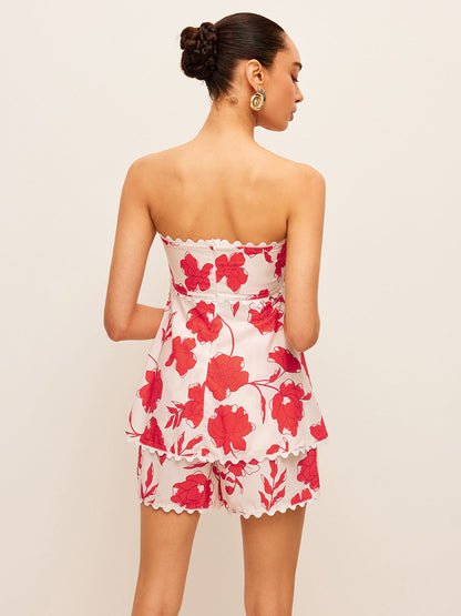 Floral Strapless Top With Pockets Shorts Set