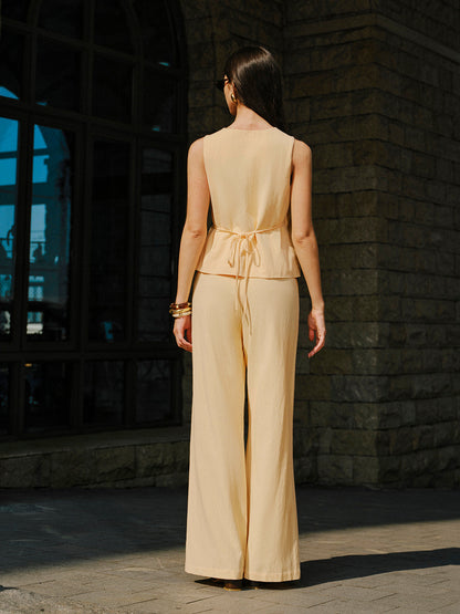 Cotton & Linen Wrap Top With Pants Set