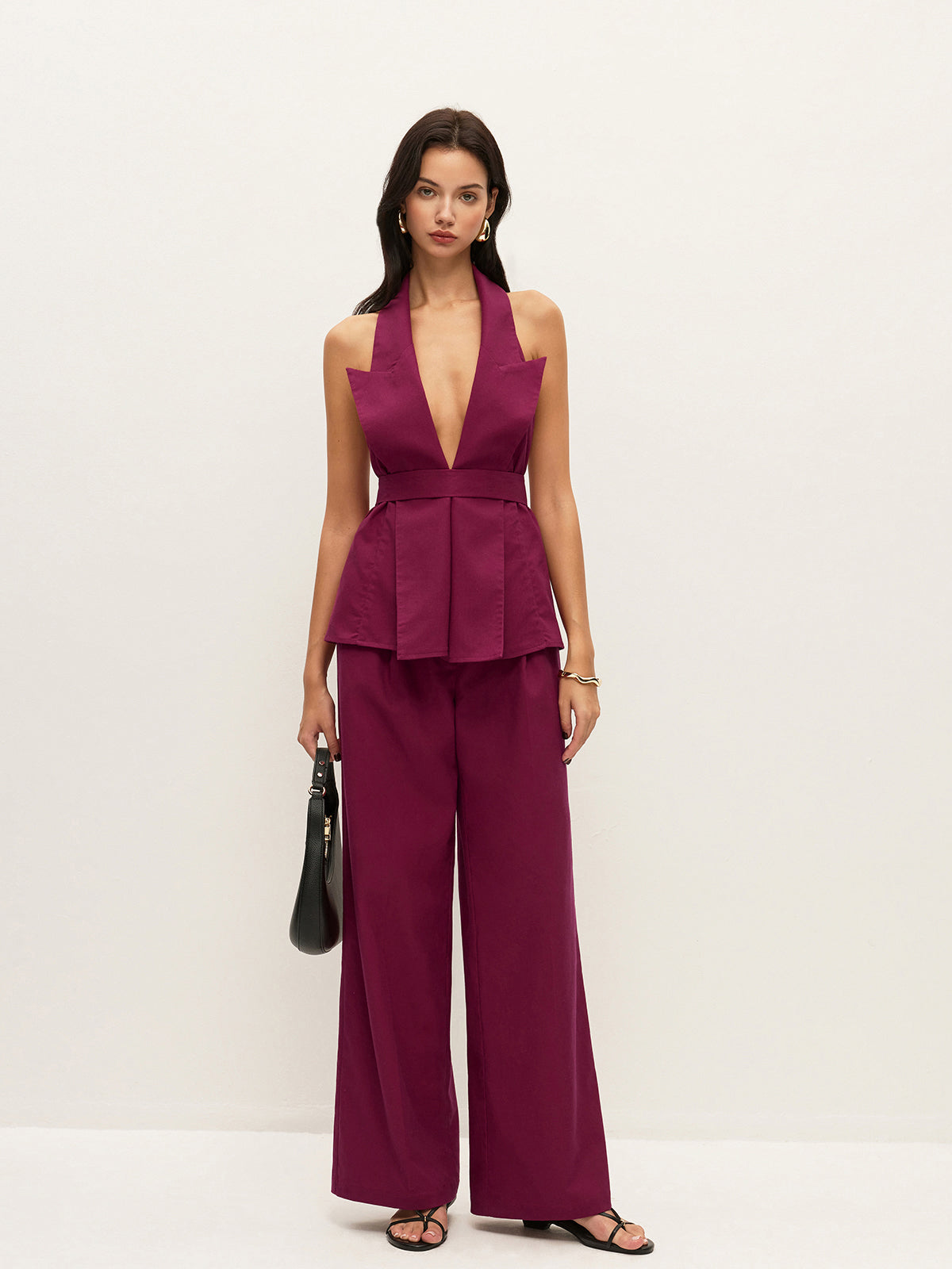 Halter Neck Belted Pocketed Pants Set