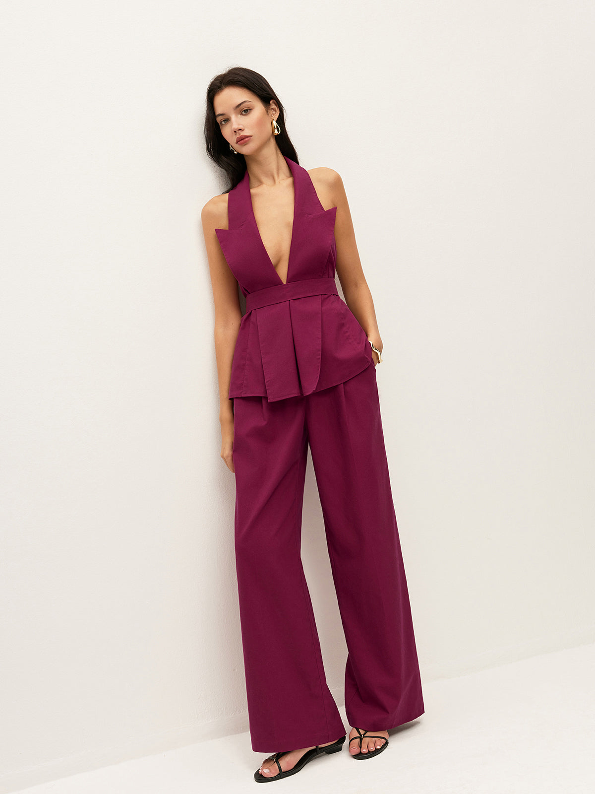 Halter Neck Belted Pocketed Pants Set