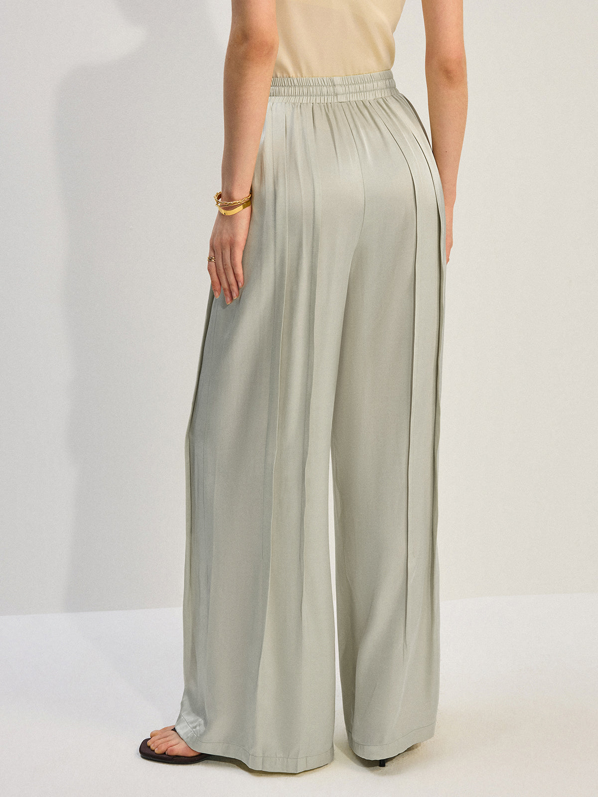 Tencel Rayon Satin Wide-Leg Pants with Pleats