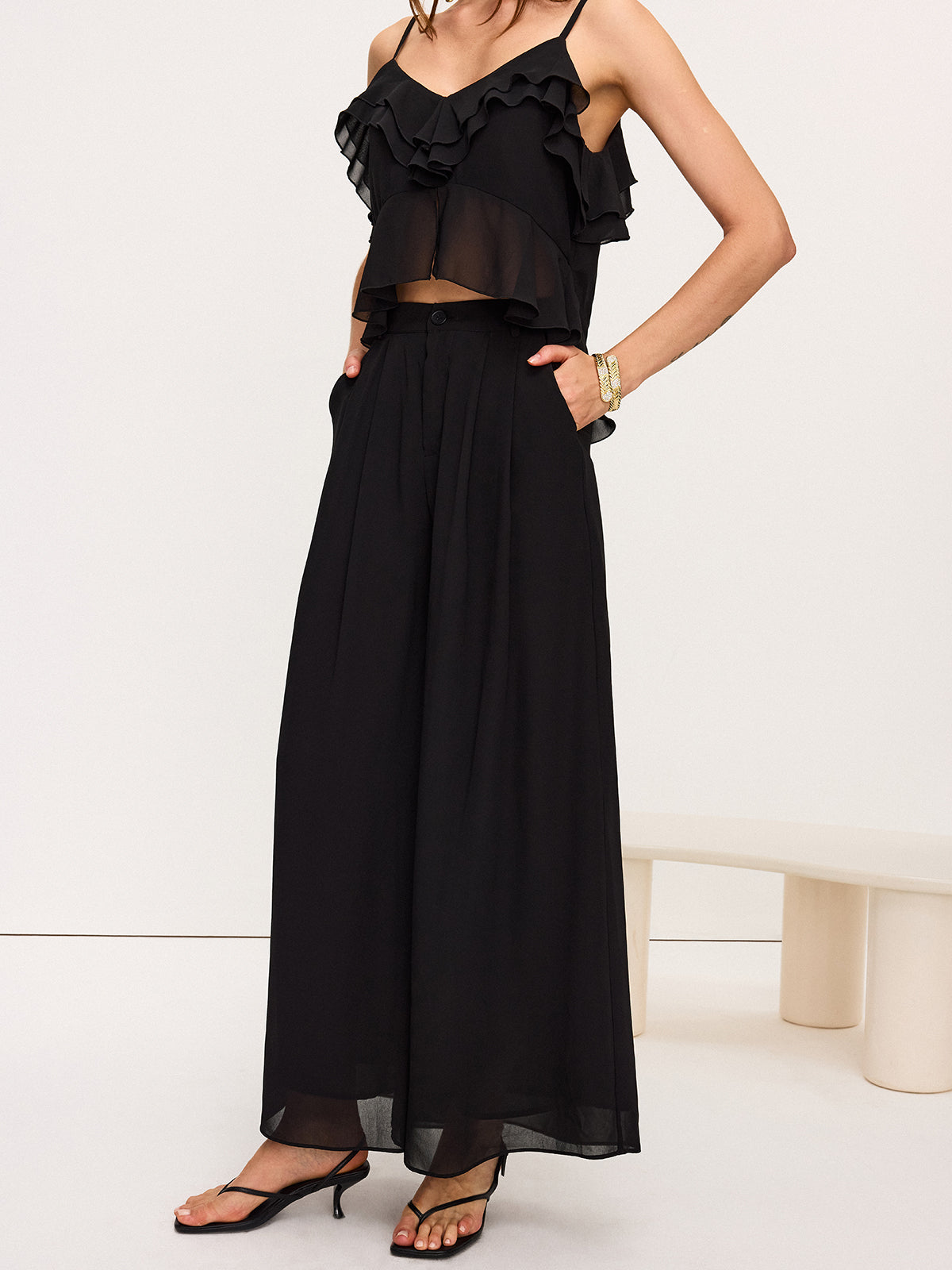 Chiffon Ruffle Top and Wide-Leg Pants Set