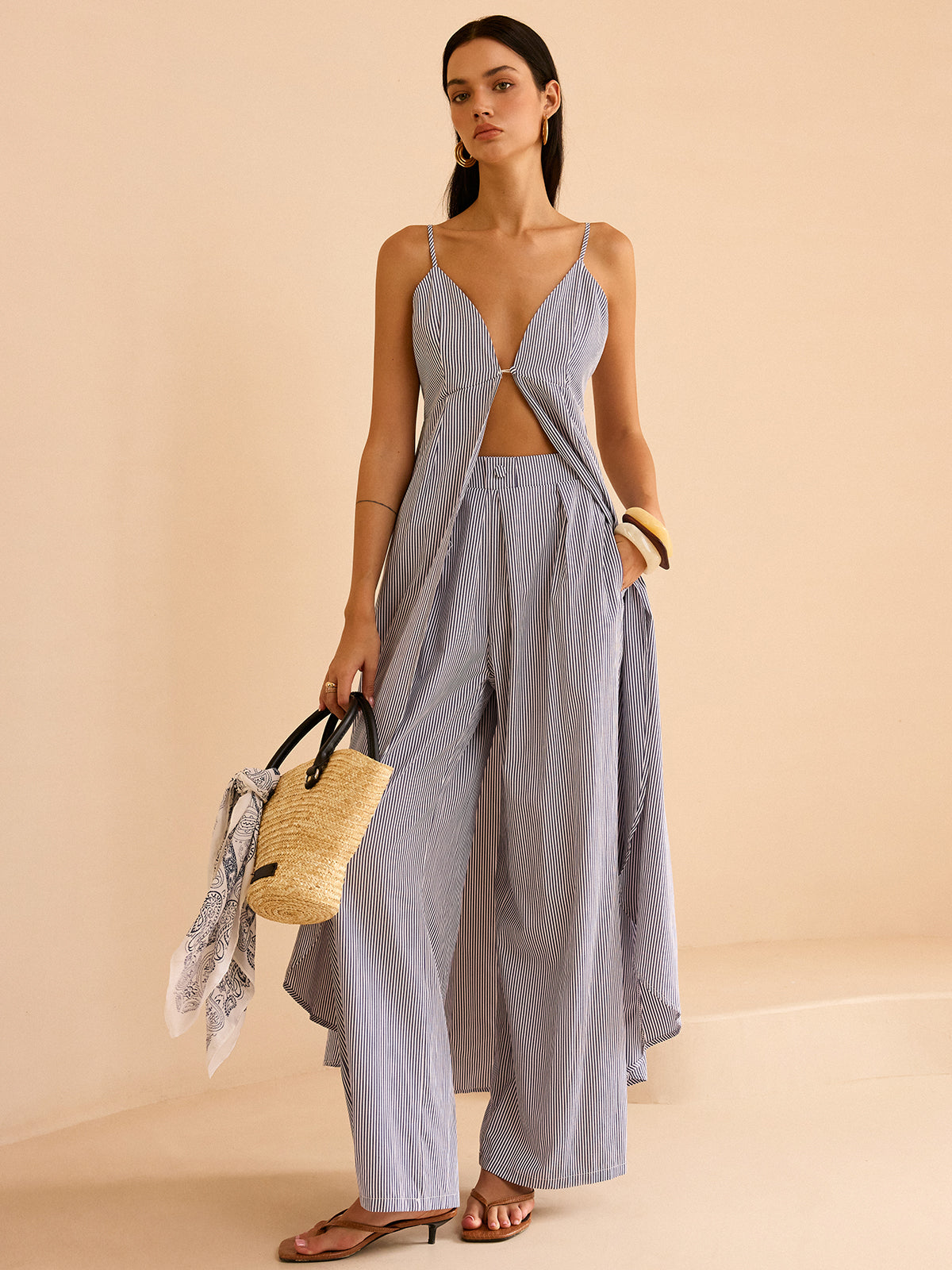 Striped Long Cami Top and Wide-Leg Pants Set