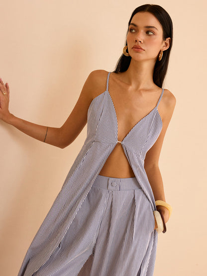 Striped Long Cami Top and Wide-Leg Pants Set