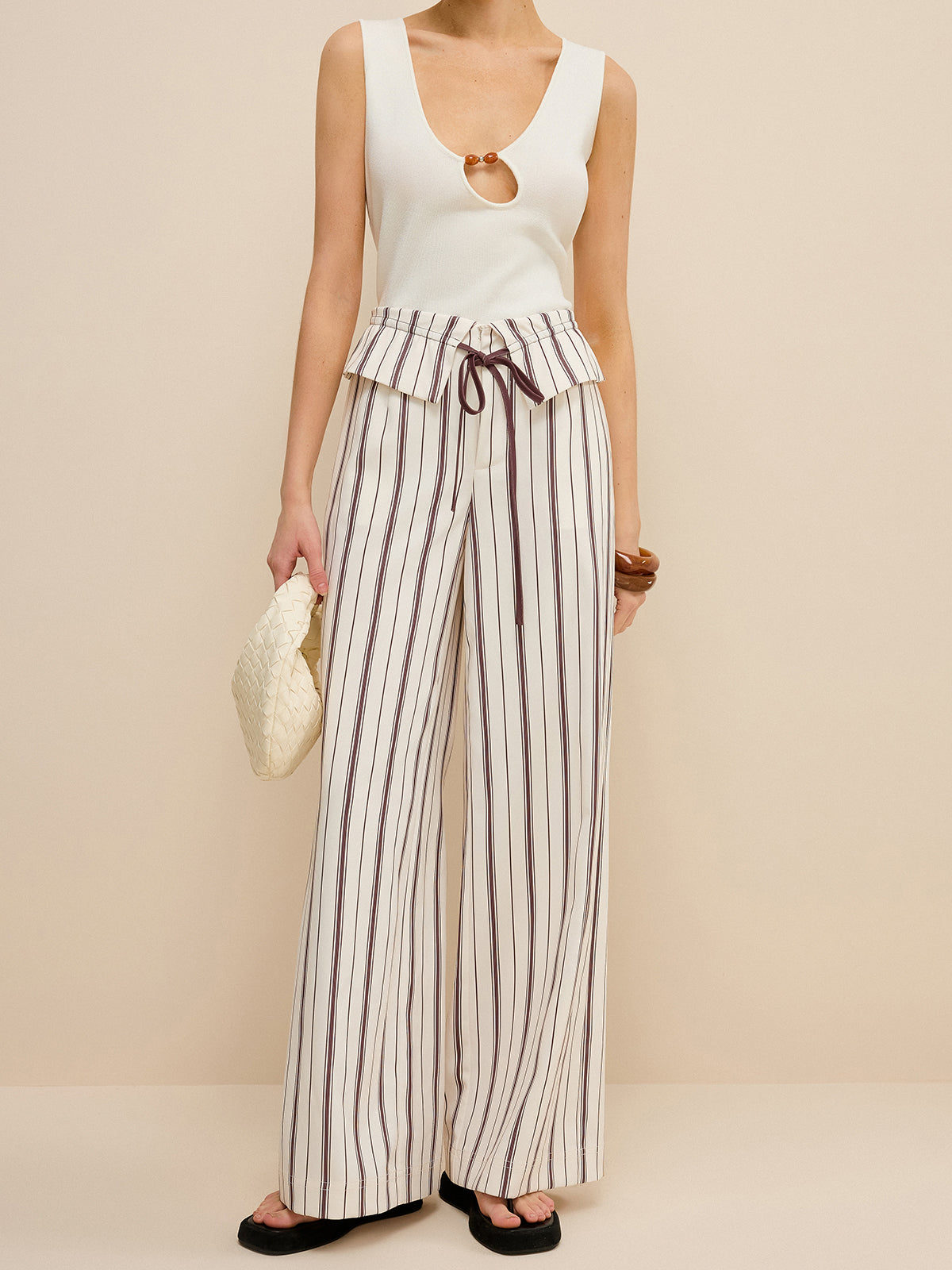 Striped Wide-Leg Pants with Peplum Waist
